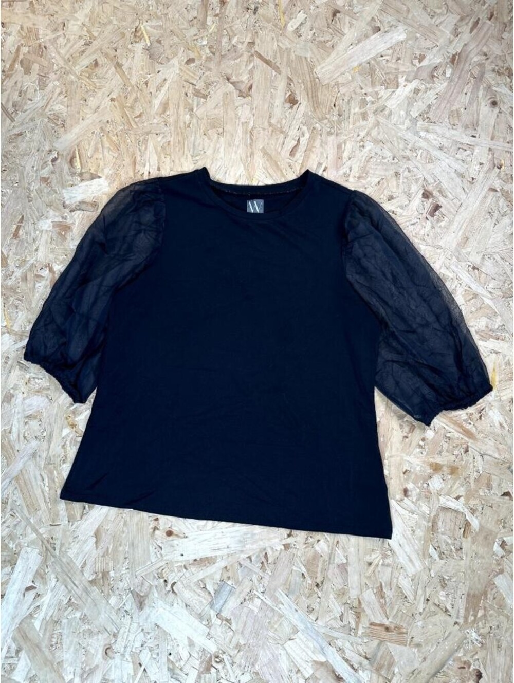 Worthington Womens Top Medium Black Sheer Puff Sleeve Crew Neck Knit Blouse